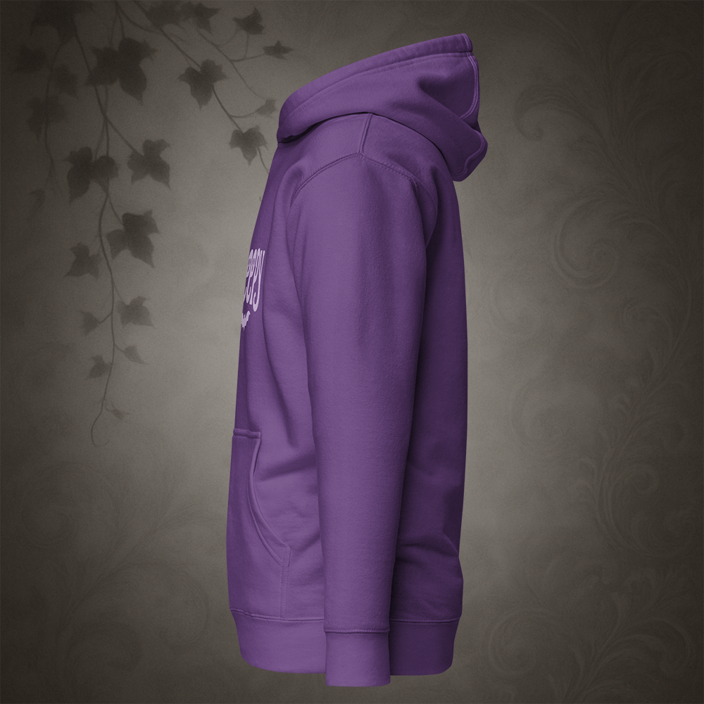 Purple hoodie on a textured gray background