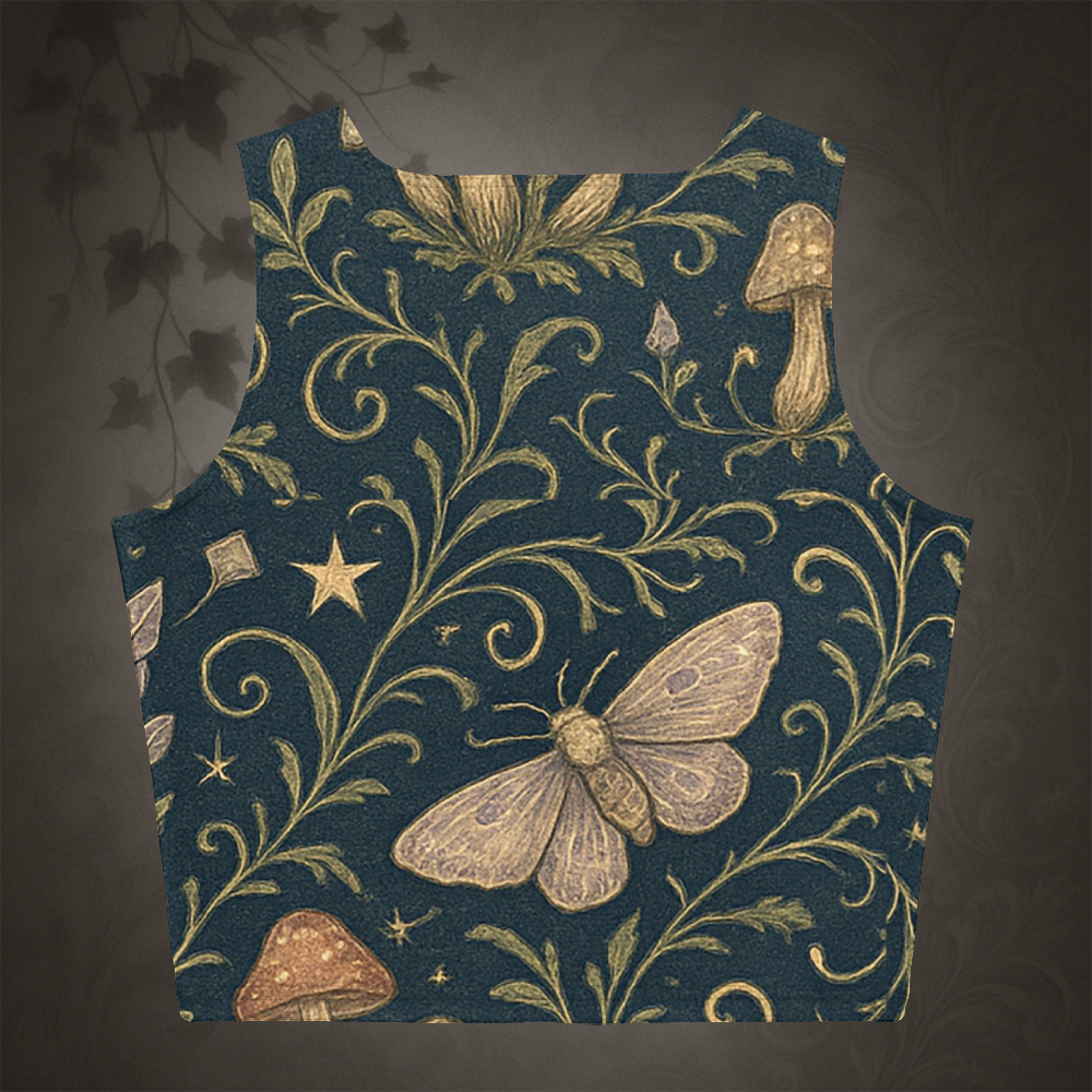 Decorative crop top with gold floral and insect pattern on a dark background