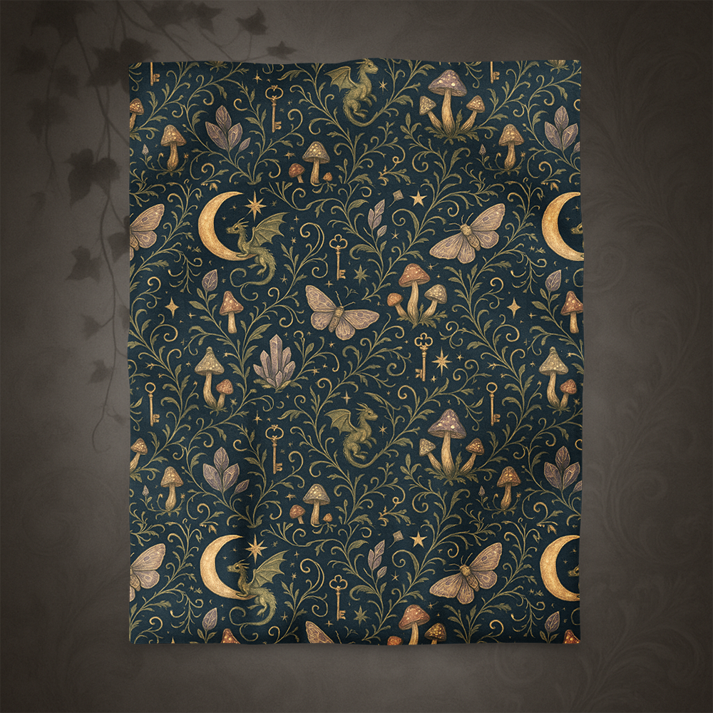 Decorative fabric with fantasy-themed pattern duvet cover featuring mushrooms, butterflies, and moons on a dark blue background.