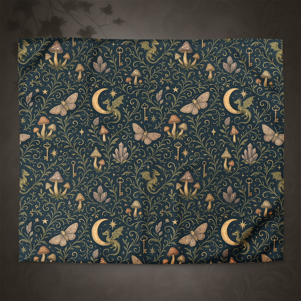 Folksy pattern duvet cover with mushrooms, dragons, and keys on a dark blue background