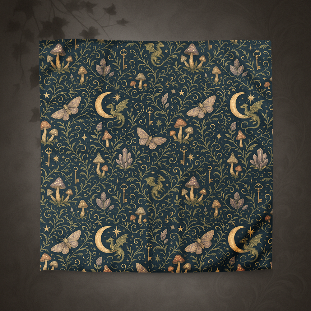 Fantasy pattern duvet cover with dragons, mushrooms, and keys on a dark blue background
