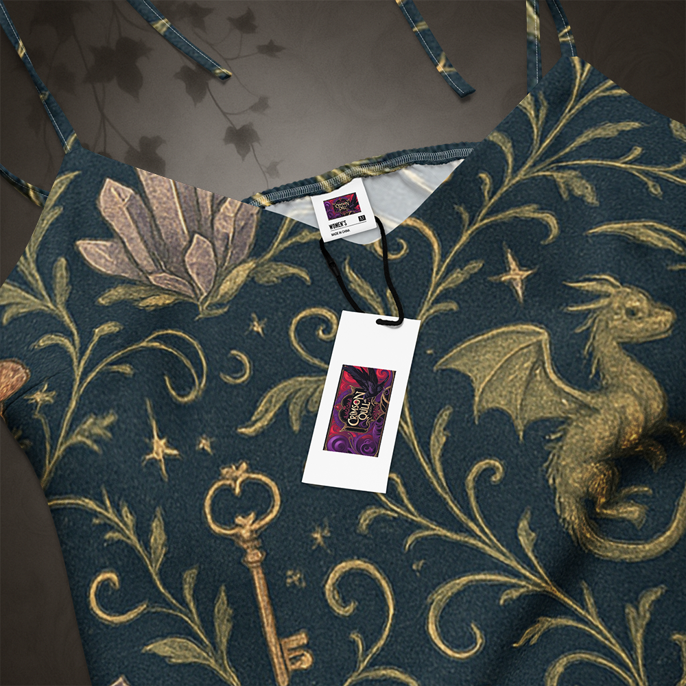 Patterned fabric with dragons, keys, and stars, featuring a brand tag.