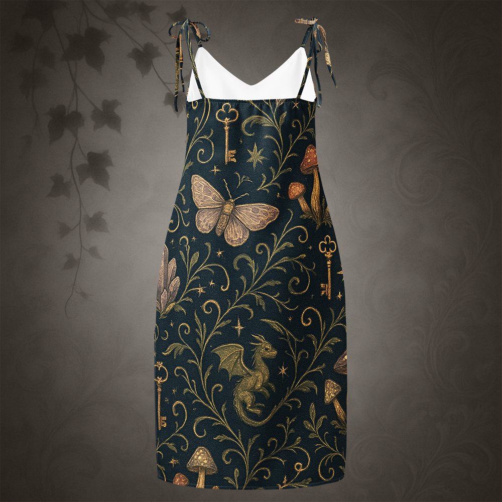 Dress with fantasy-themed pattern on a dark background