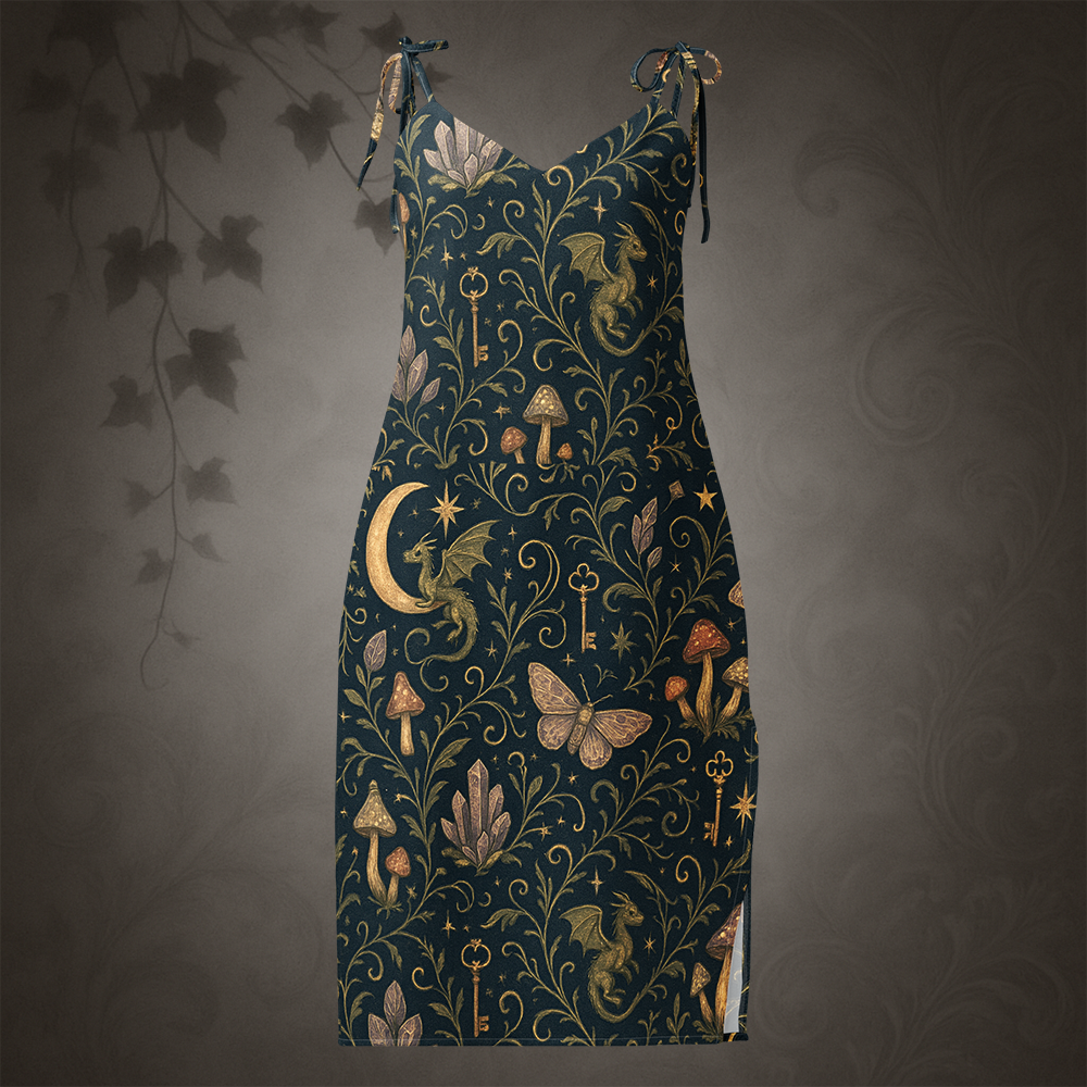 Dark blue dress with intricate gold and beige patterns on a gray background