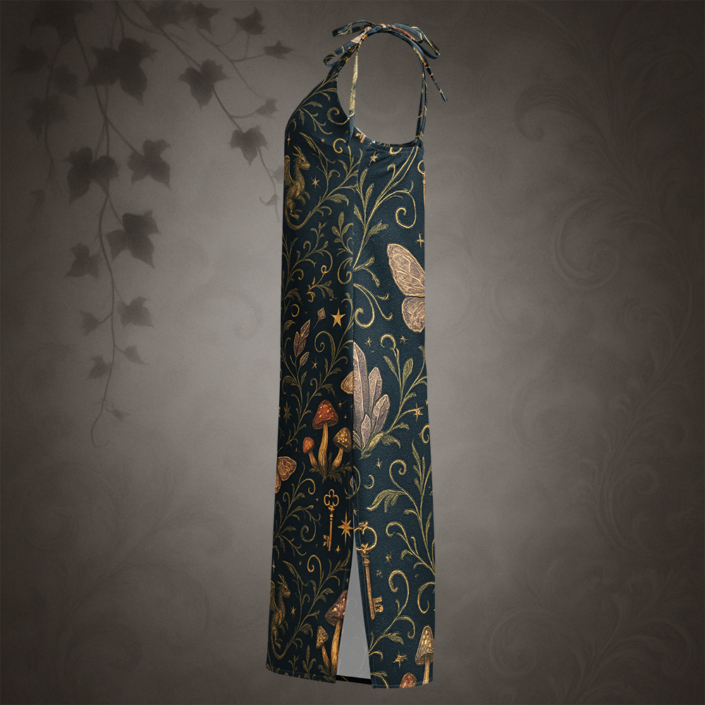 Floral and nature-themed dress on a textured gray background