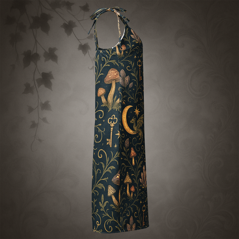 Decorative dress with nature-themed pattern on a dark background