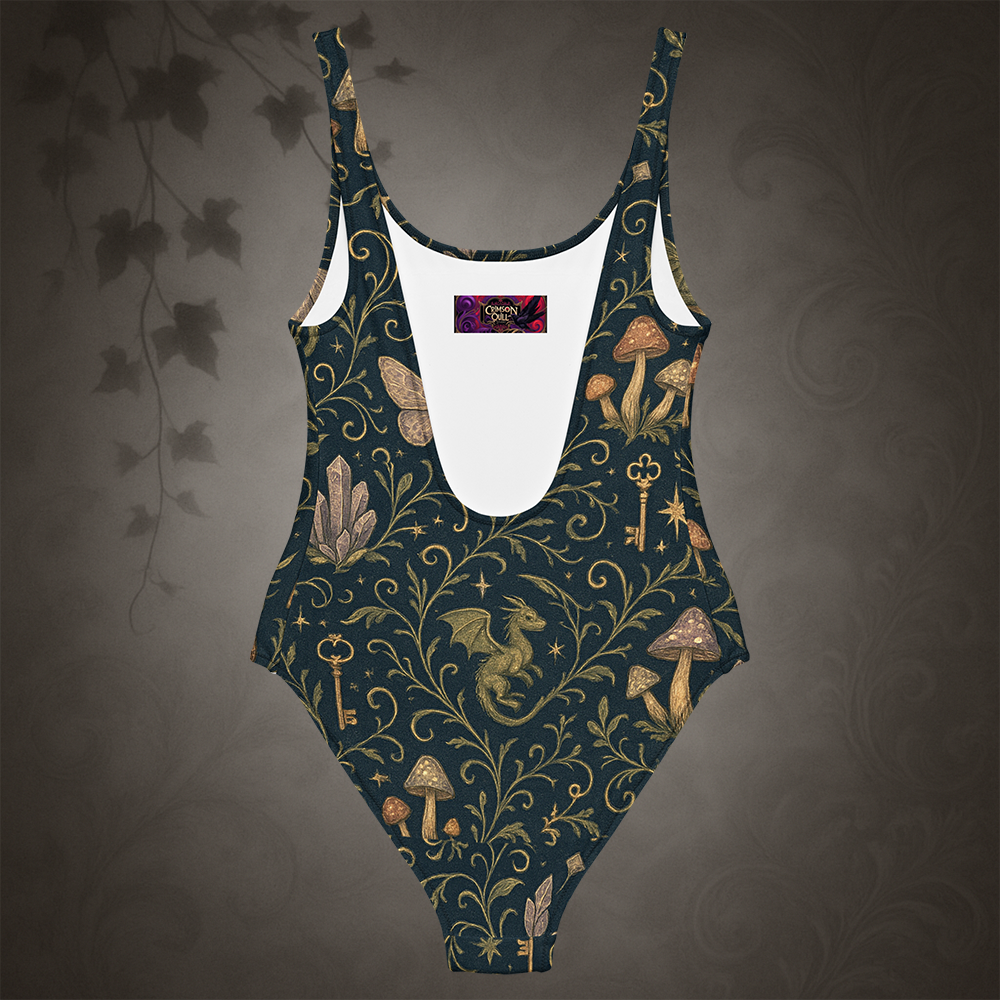 One-piece swimsuit with fantasy-themed design on a dark background