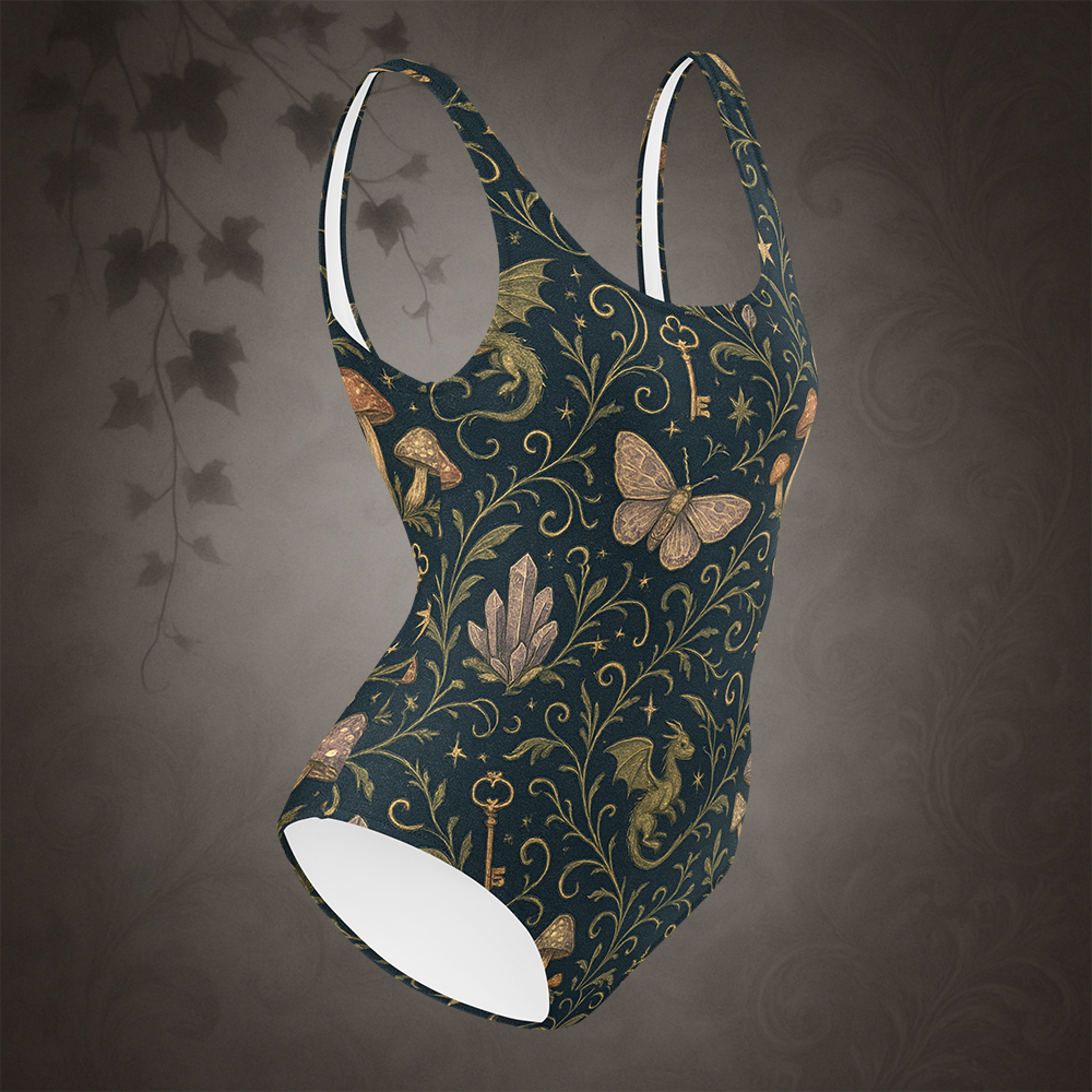 One-piece swimsuit with intricate floral and butterfly pattern on a dark background