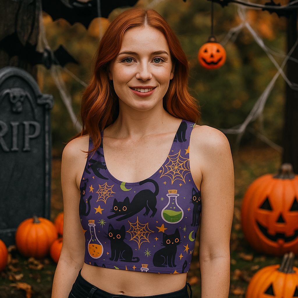 Woman wearing a Halloween-themed crop top in a festive outdoor setting with pumpkins and tombstones.