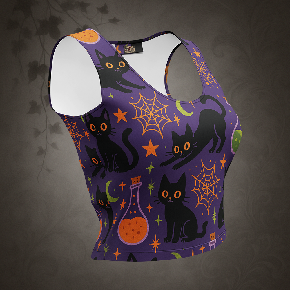 Purple tank top with Halloween-themed black cat and spider web design on a dark background