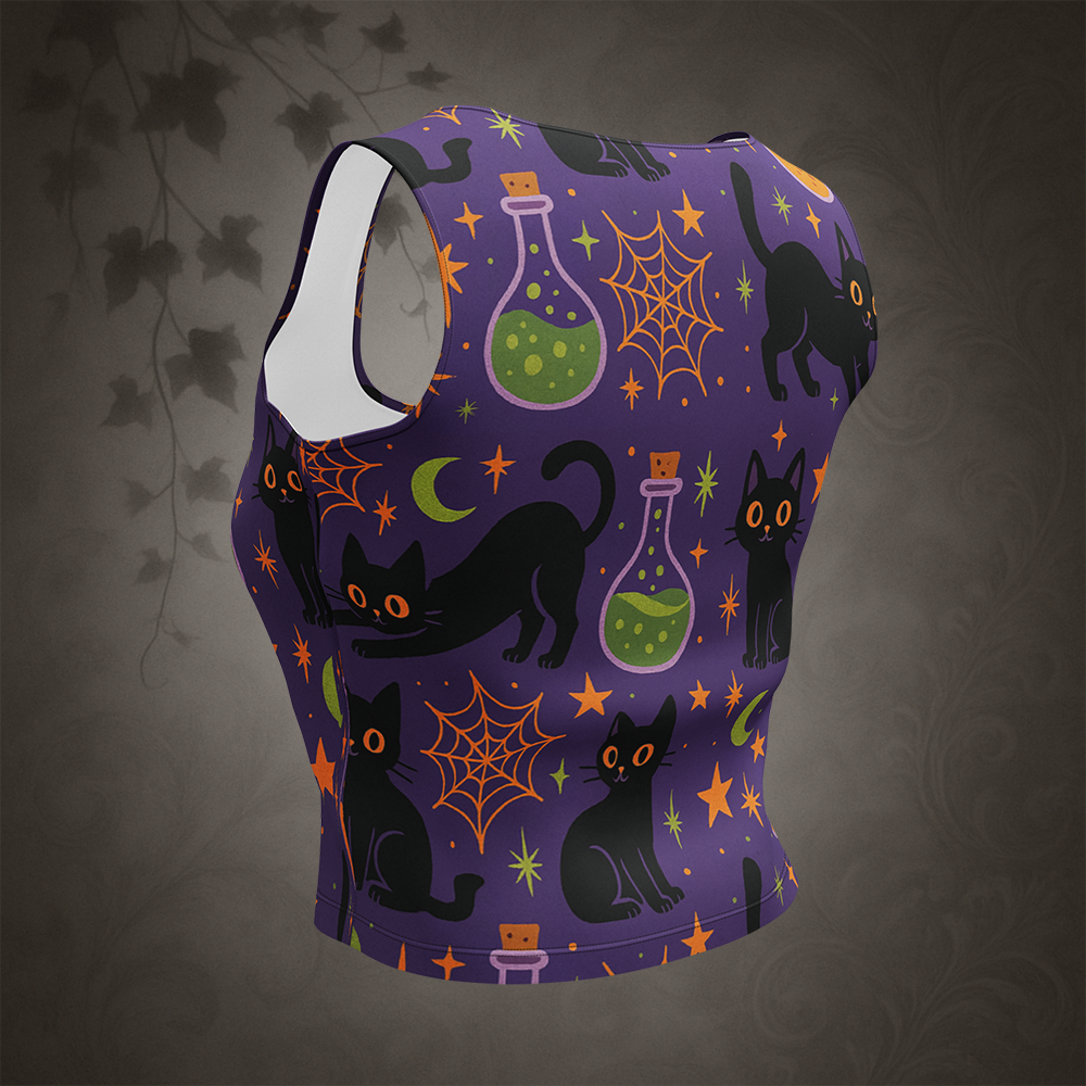 Purple tank top with Halloween-themed design featuring black cats, spider webs, and potion bottles on a dark background.