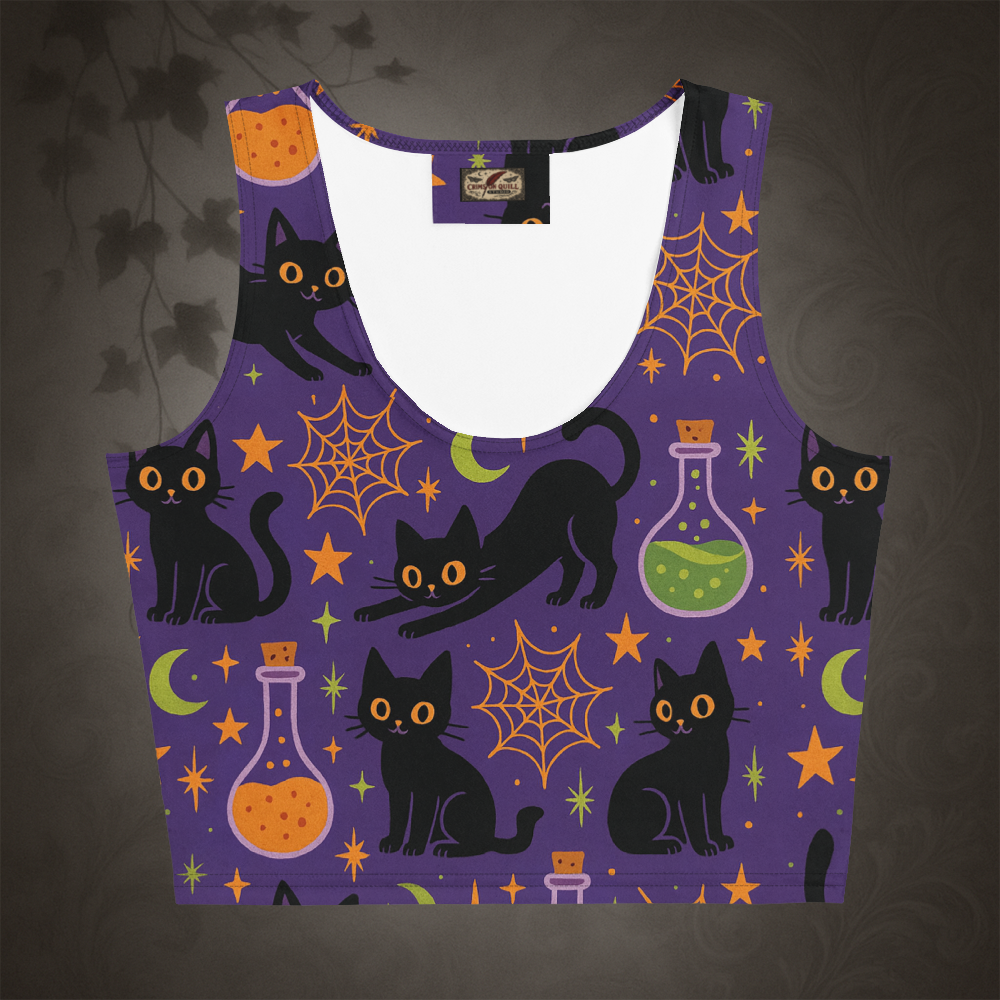 Tank top with Halloween-themed design featuring black cats, cobwebs, and potions on a purple background.