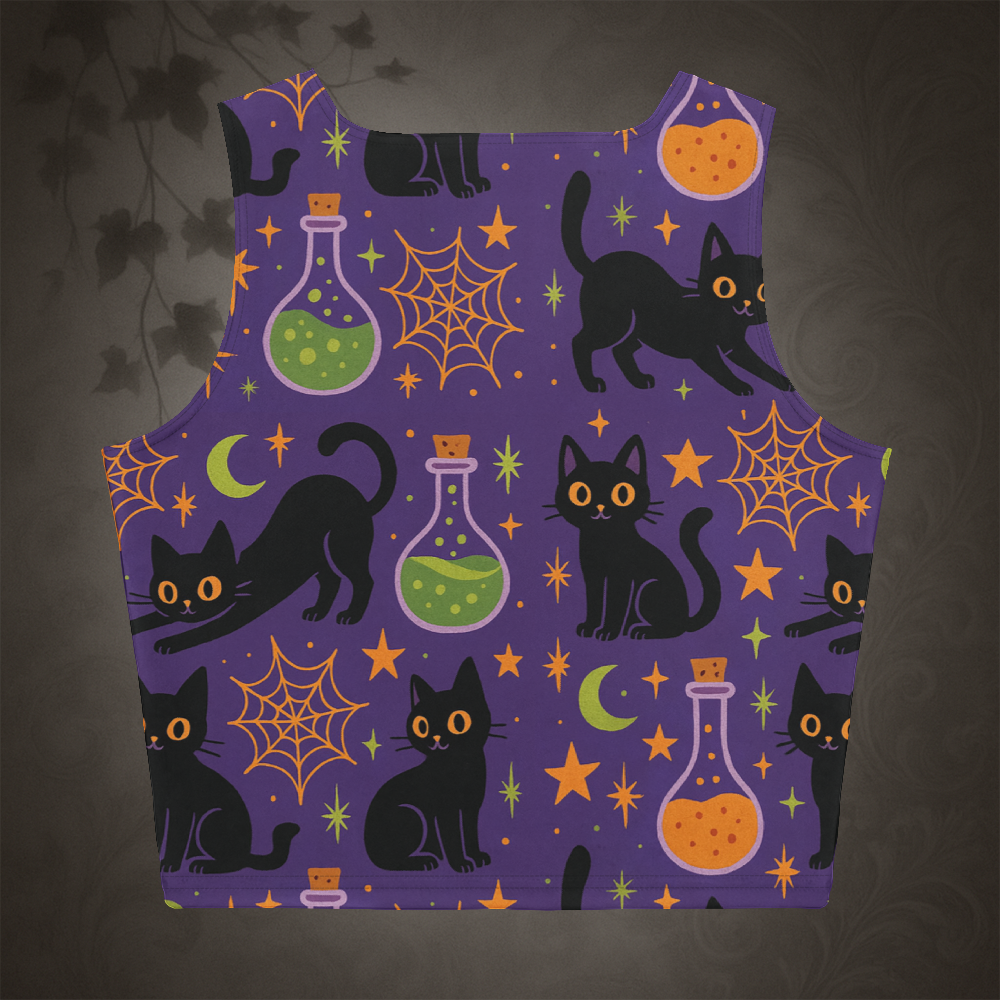 Tank top with Halloween-themed design featuring black cats, spider webs, and potion bottles on a dark background.