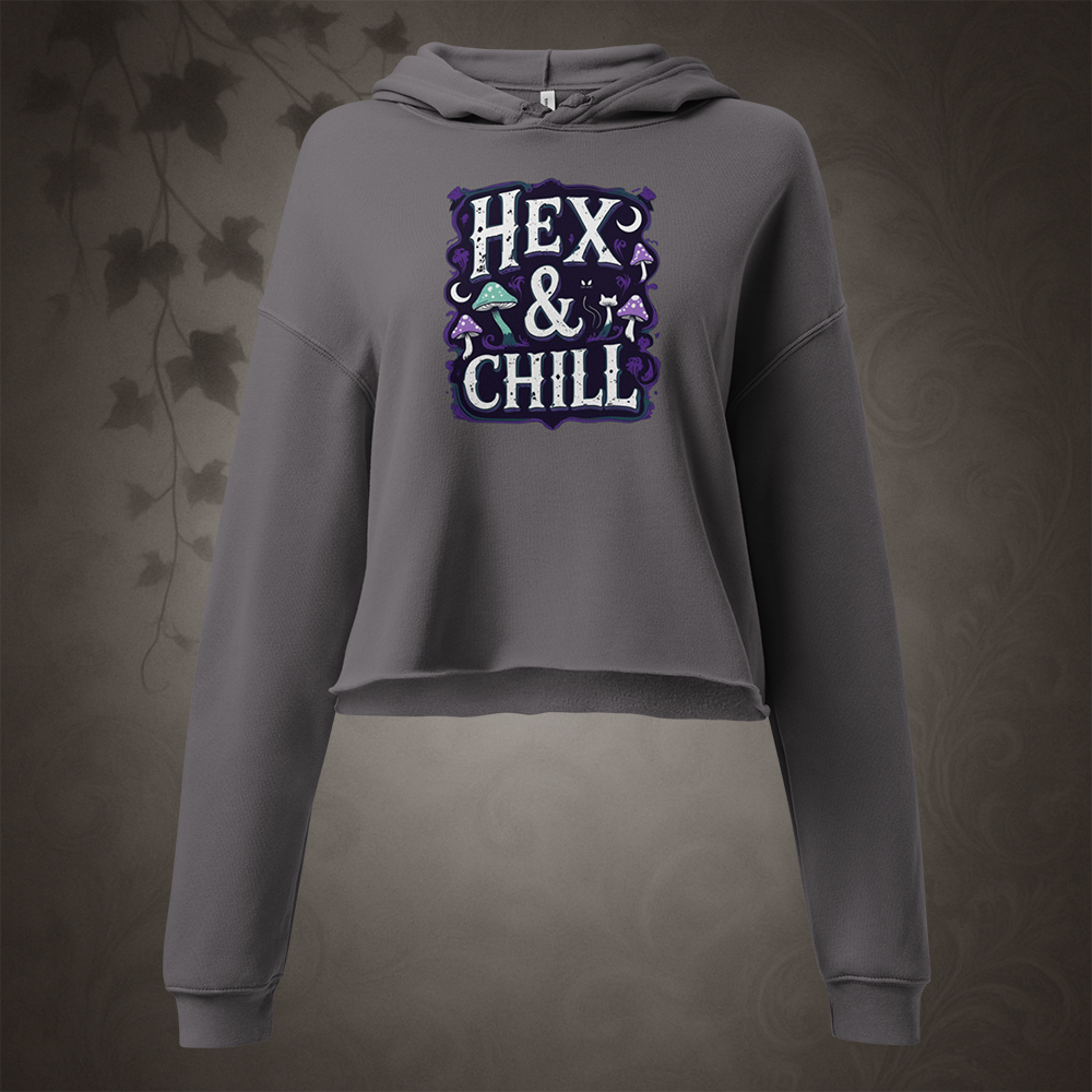 Gray hoodie with 'Hex & Chill' text design on a dark background
