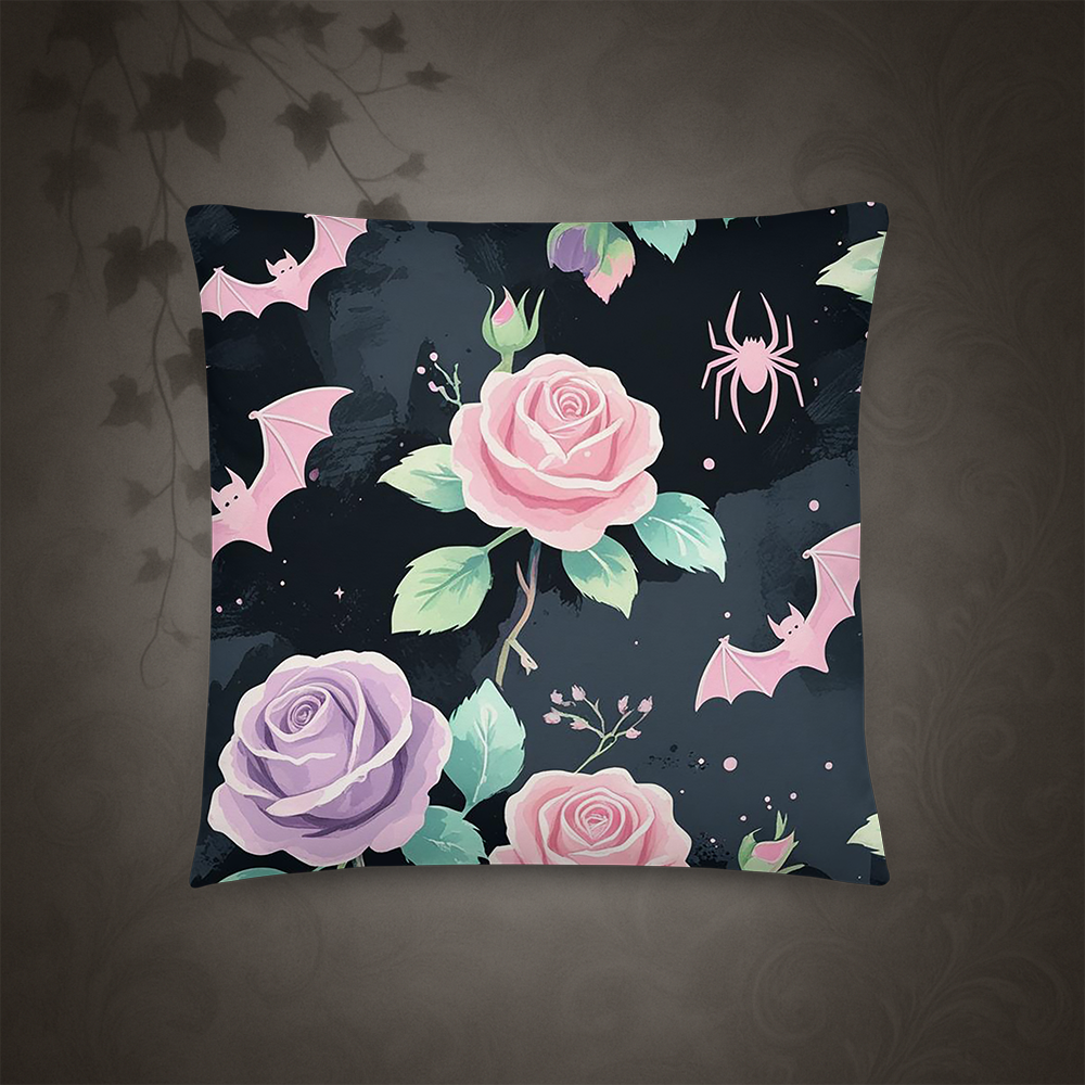 Pastel Goth Bat and Rose Throw Pillow