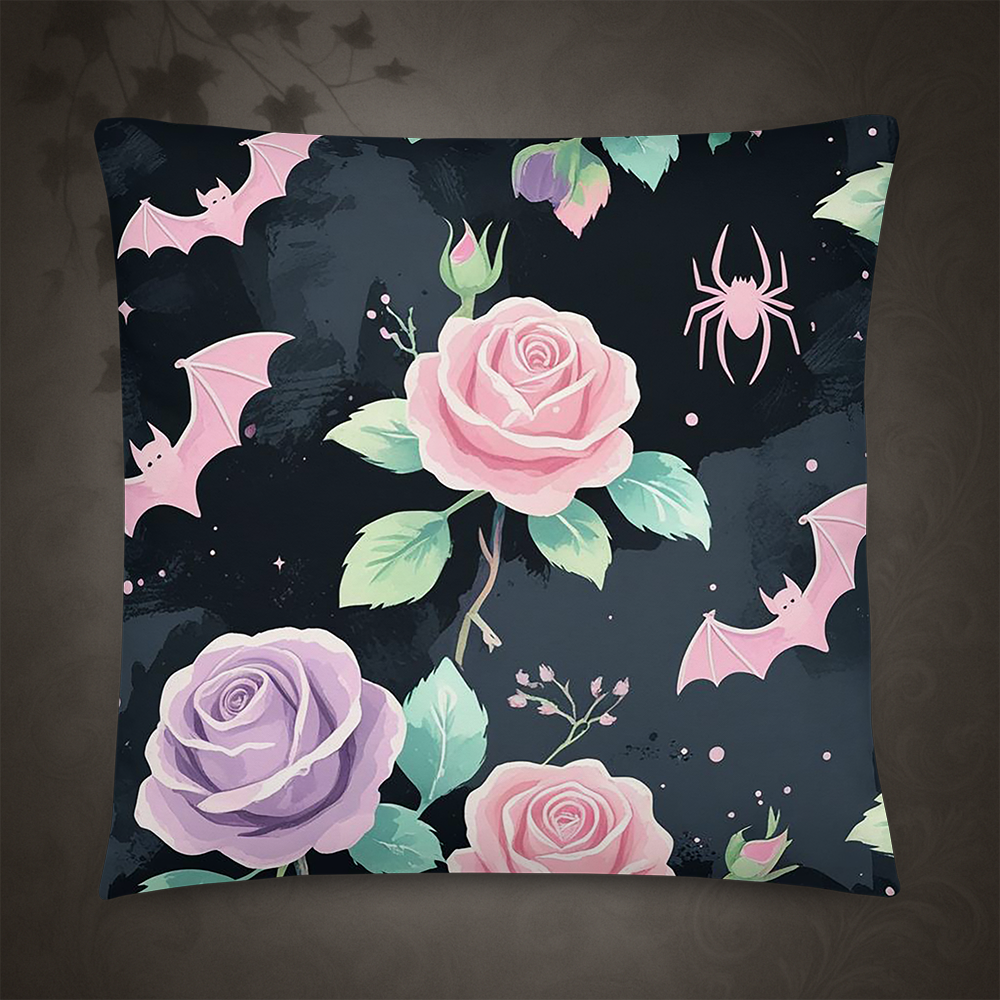 Pastel Goth Bat and Rose Throw Pillow