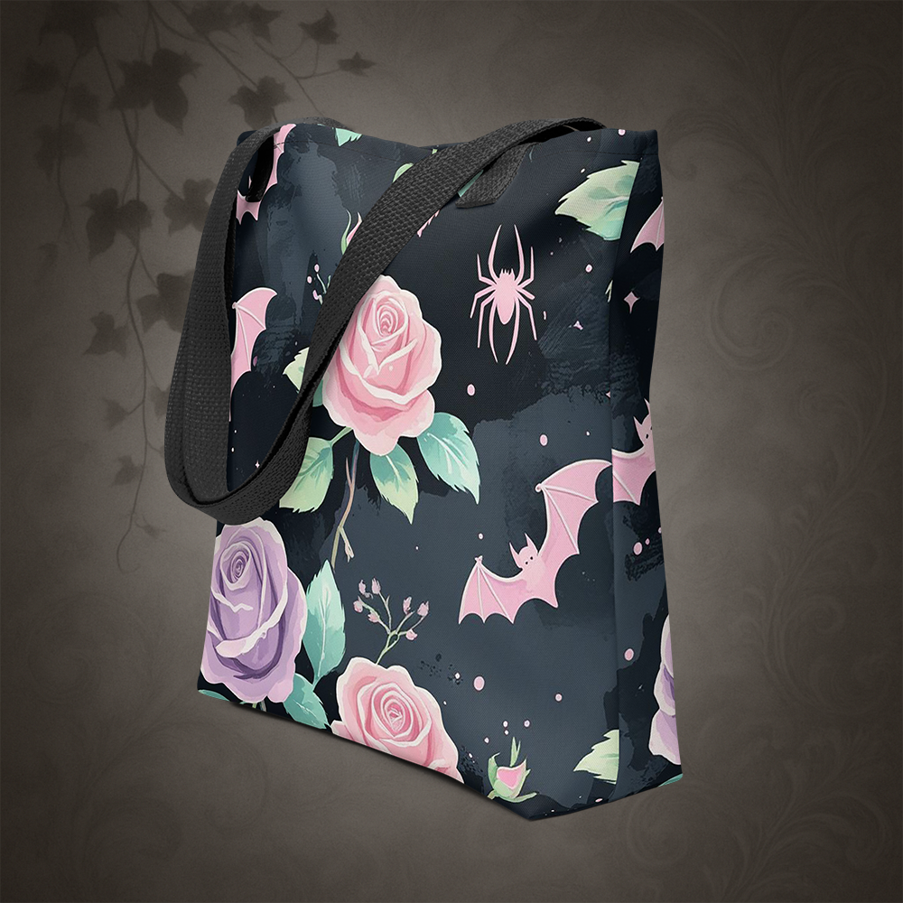 Pastel Goth Bat and Rose Tote Bag
