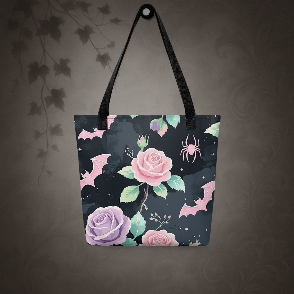 Pastel Goth Bat and Rose Tote Bag