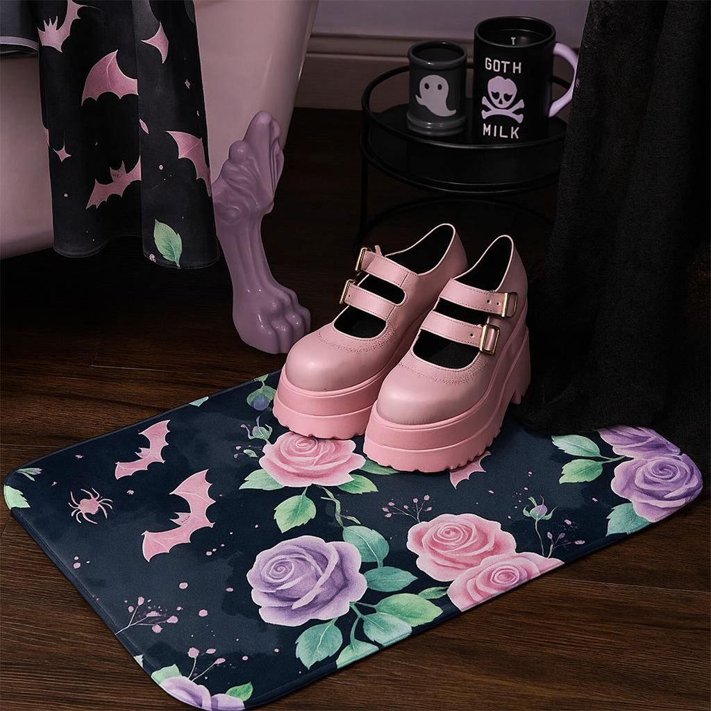 Pastel Goth Bat and Rose Bath Mat