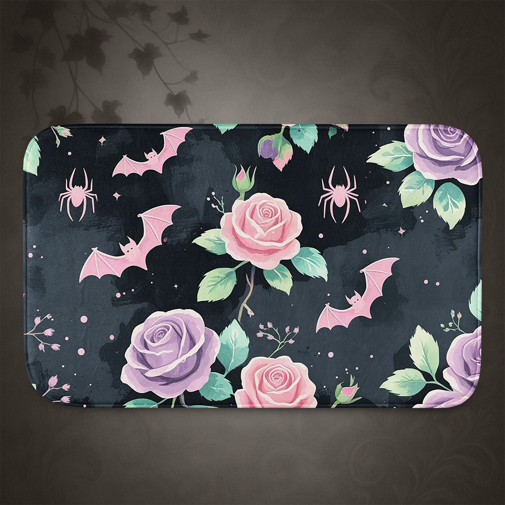 Pastel Goth Bat and Rose Bath Mat
