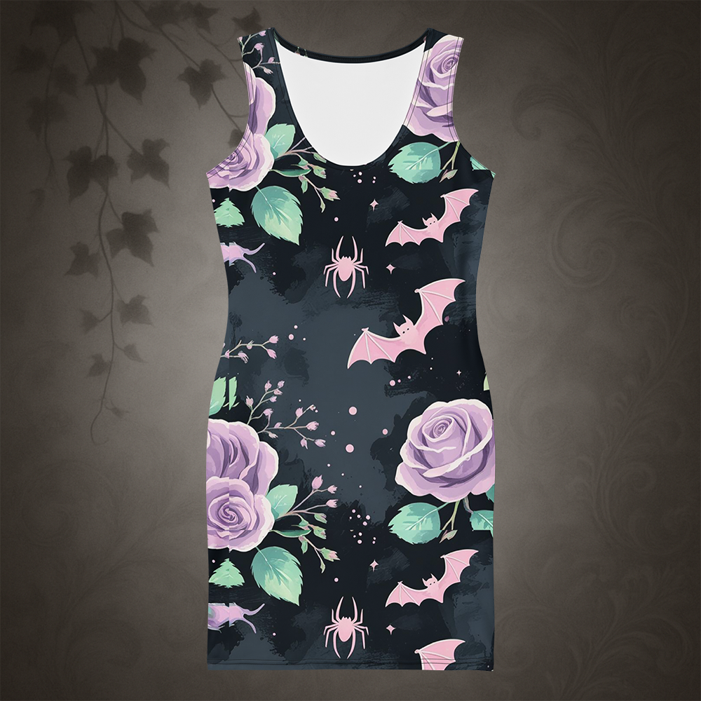 Pastel Goth Bat and Rose Bodycon Dress