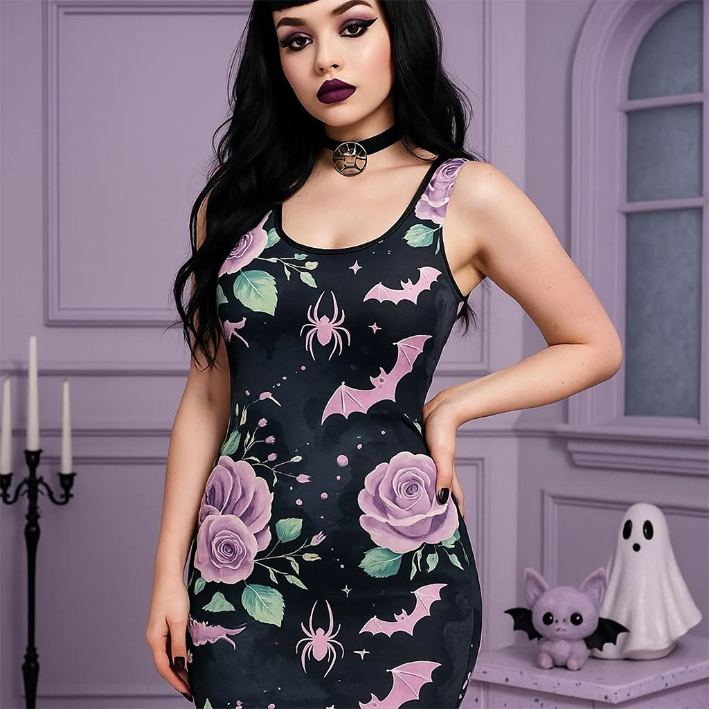 Pastel Goth Bat and Rose Bodycon Dress