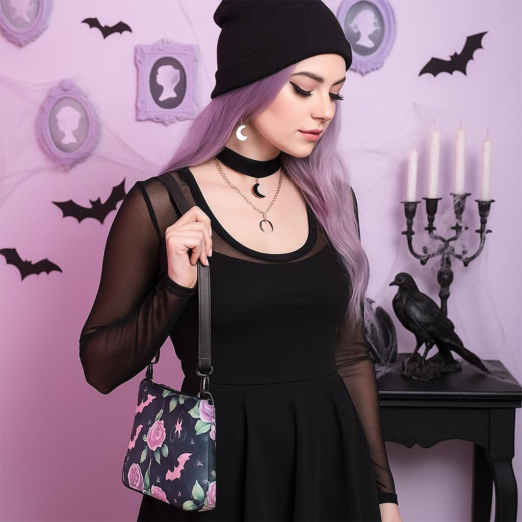 Pastel Goth Bat and Rose Crossbody Bag