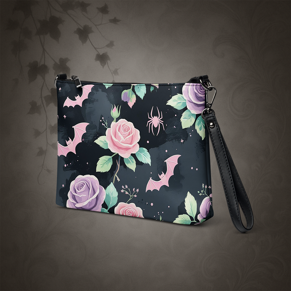 Pastel Goth Bat and Rose Crossbody Bag