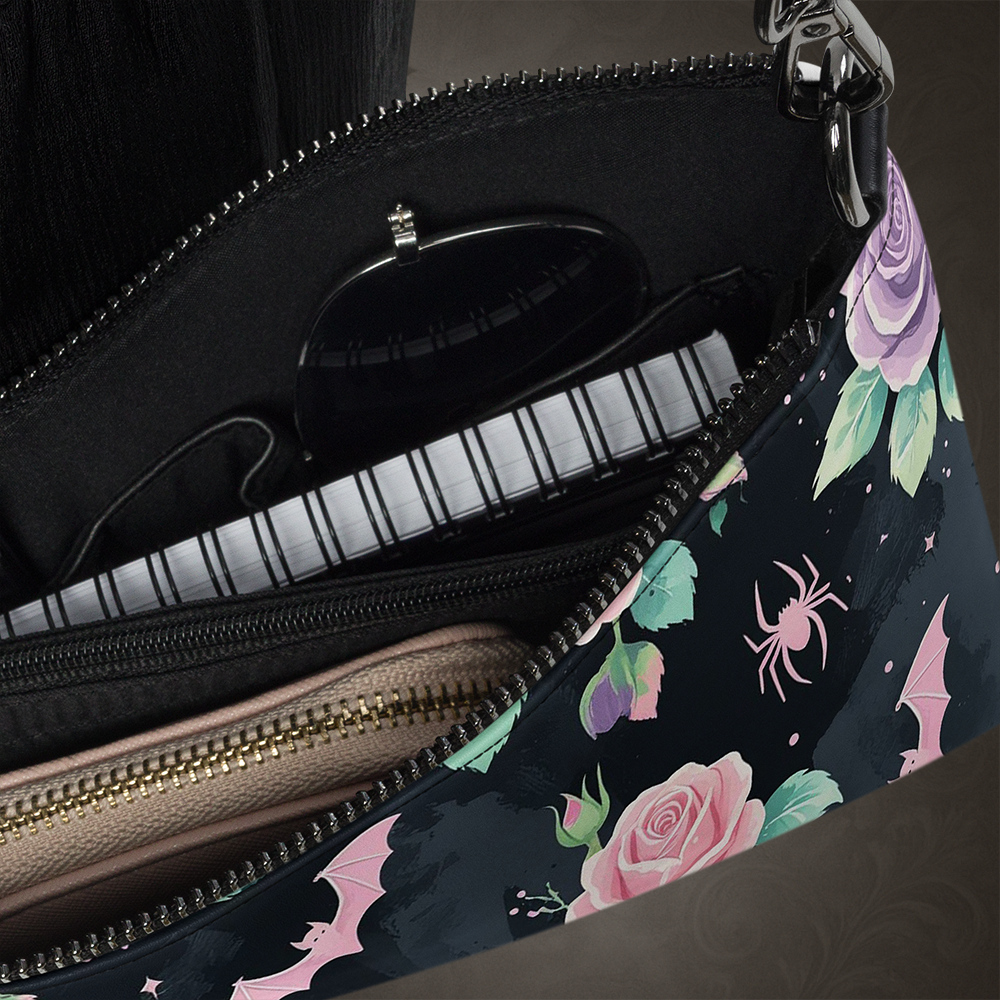 Pastel Goth Bat and Rose Crossbody Bag
