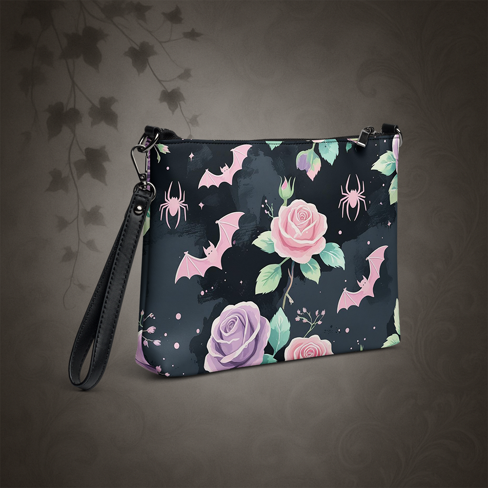 Pastel Goth Bat and Rose Crossbody Bag