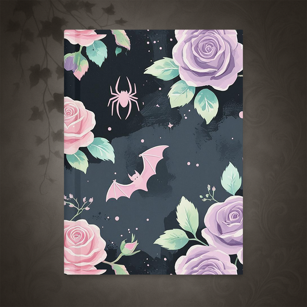 Notebook cover with pink roses, a purple spider, and a pink bat on a dark background