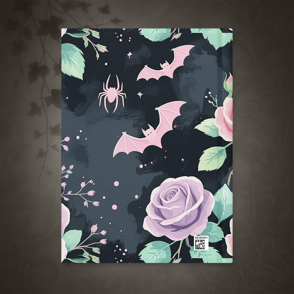 Notebook cover with pink bats, purple rose, and green leaves on a dark background