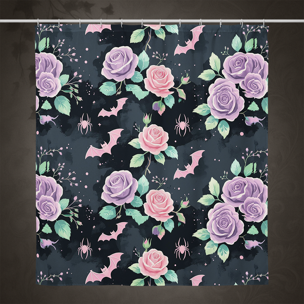 Pastel Goth Bat and Rose Shower Curtain