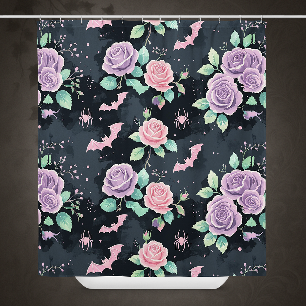 Pastel Goth Bat and Rose Shower Curtain