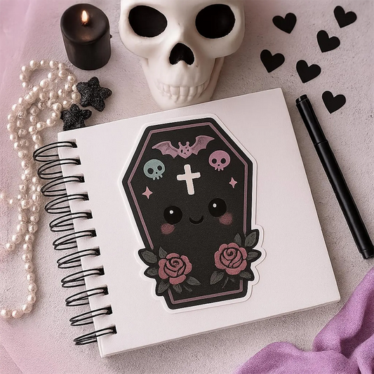 Notebook with a cute coffin sticker, skull, candle, and pen on a light background