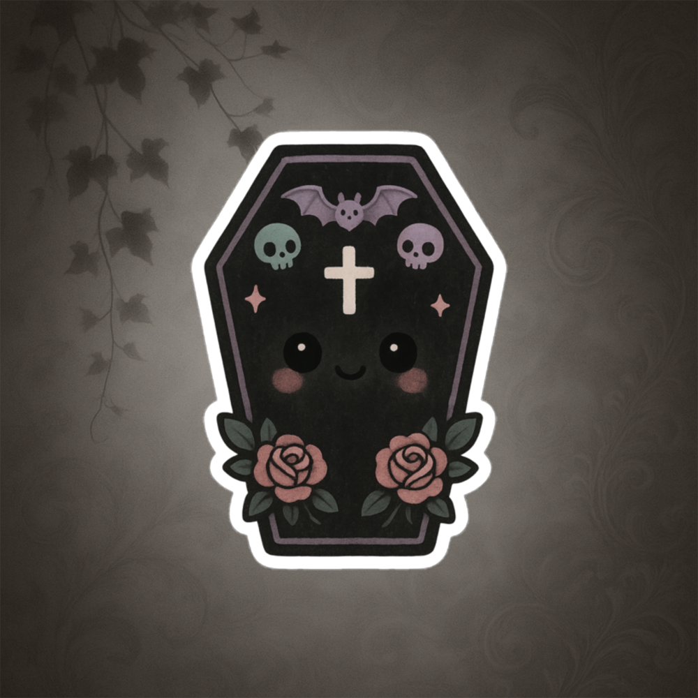 Cute cartoon coffin with a smiling face, roses, and decorative elements on a dark background.