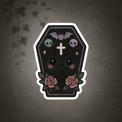 Cute cartoon coffin with a smiling face, roses, and decorative elements on a dark background.