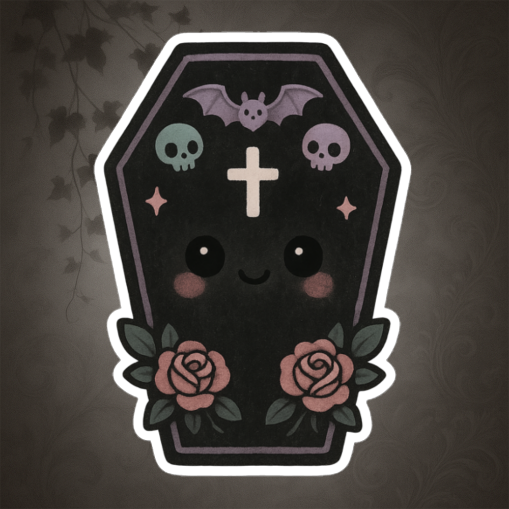 Cute cartoon coffin with skulls, bats, and roses on a dark background