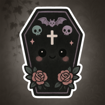 Cute cartoon coffin with skulls, bats, and roses on a dark background