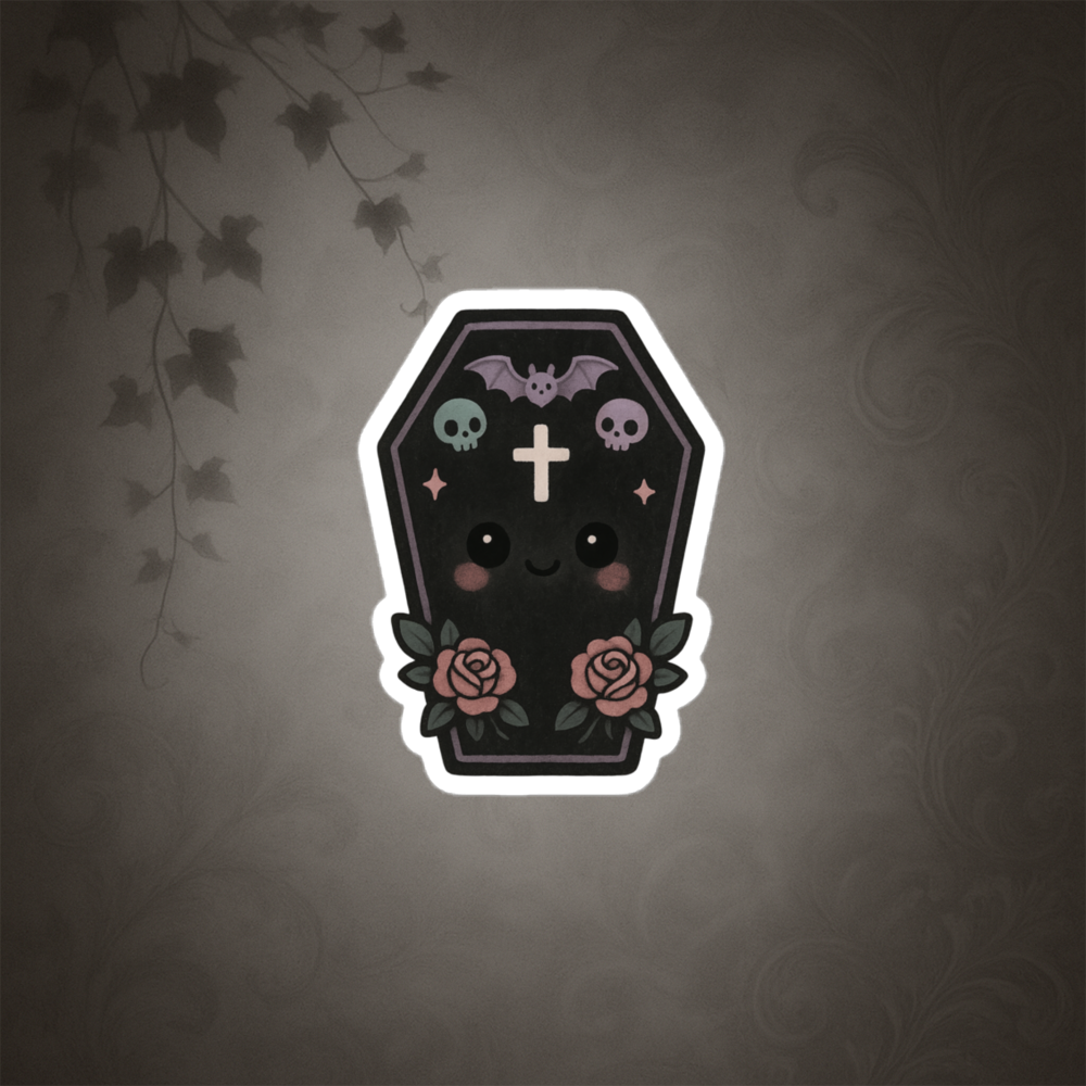 Cute cartoon coffin with facial features and decorative elements on a dark background