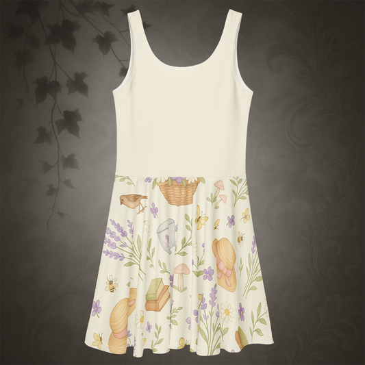 White dress with nature-themed print on a dark background