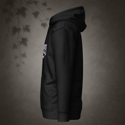 Black hoodie with a logo on the chest against a textured gray background