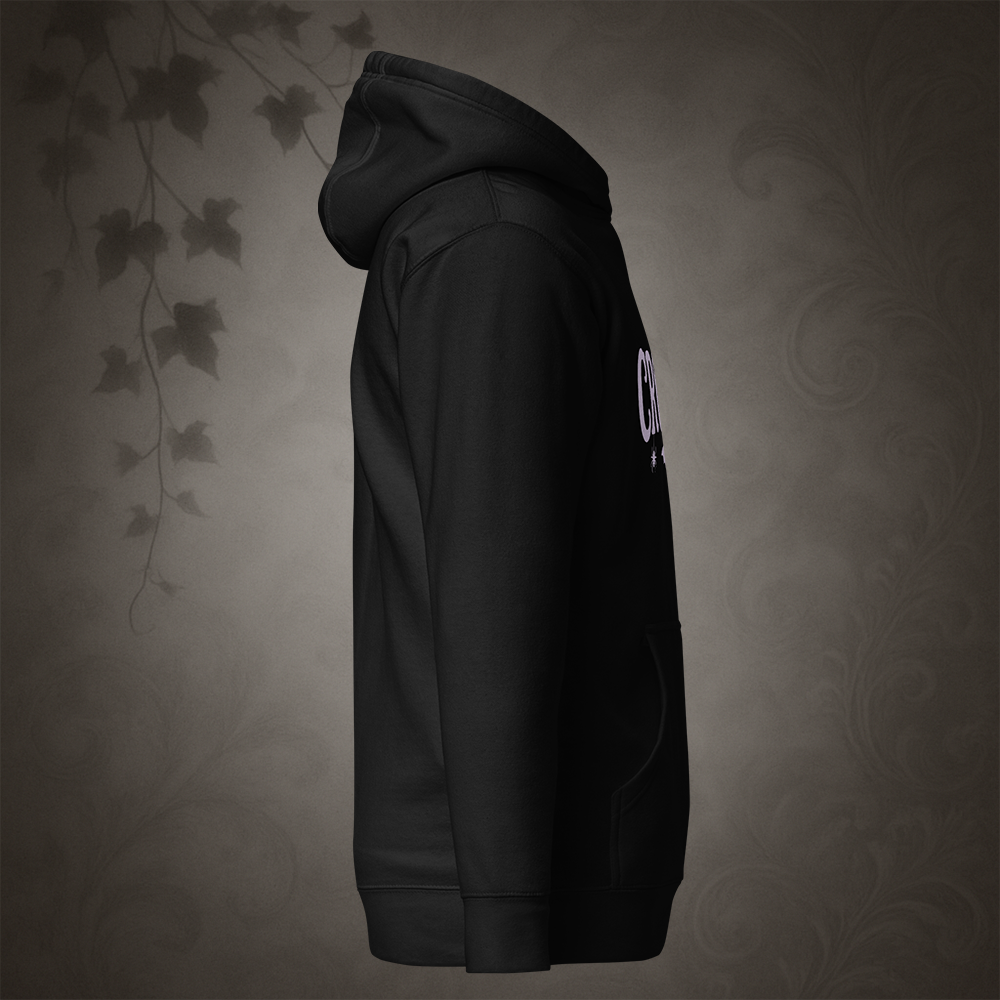 Black hoodie with text on the sleeve against a textured gray background