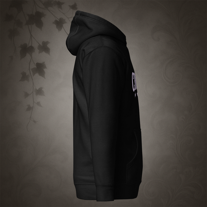 Black hoodie with text on the sleeve against a textured gray background