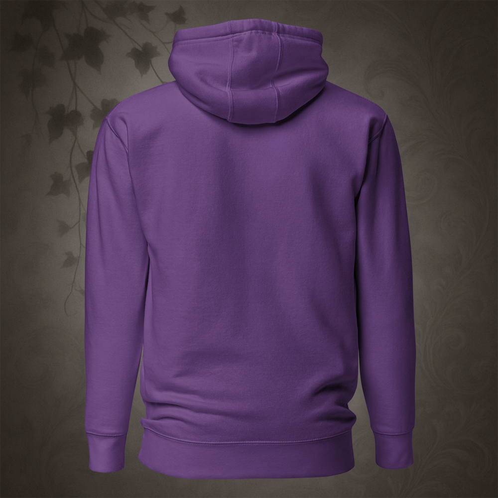 Purple hoodie shown from the back on a dark background
