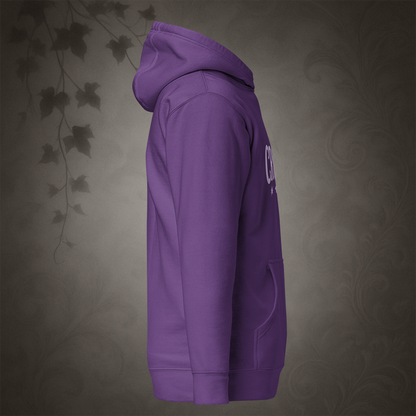 Purple hoodie with text on a textured gray background