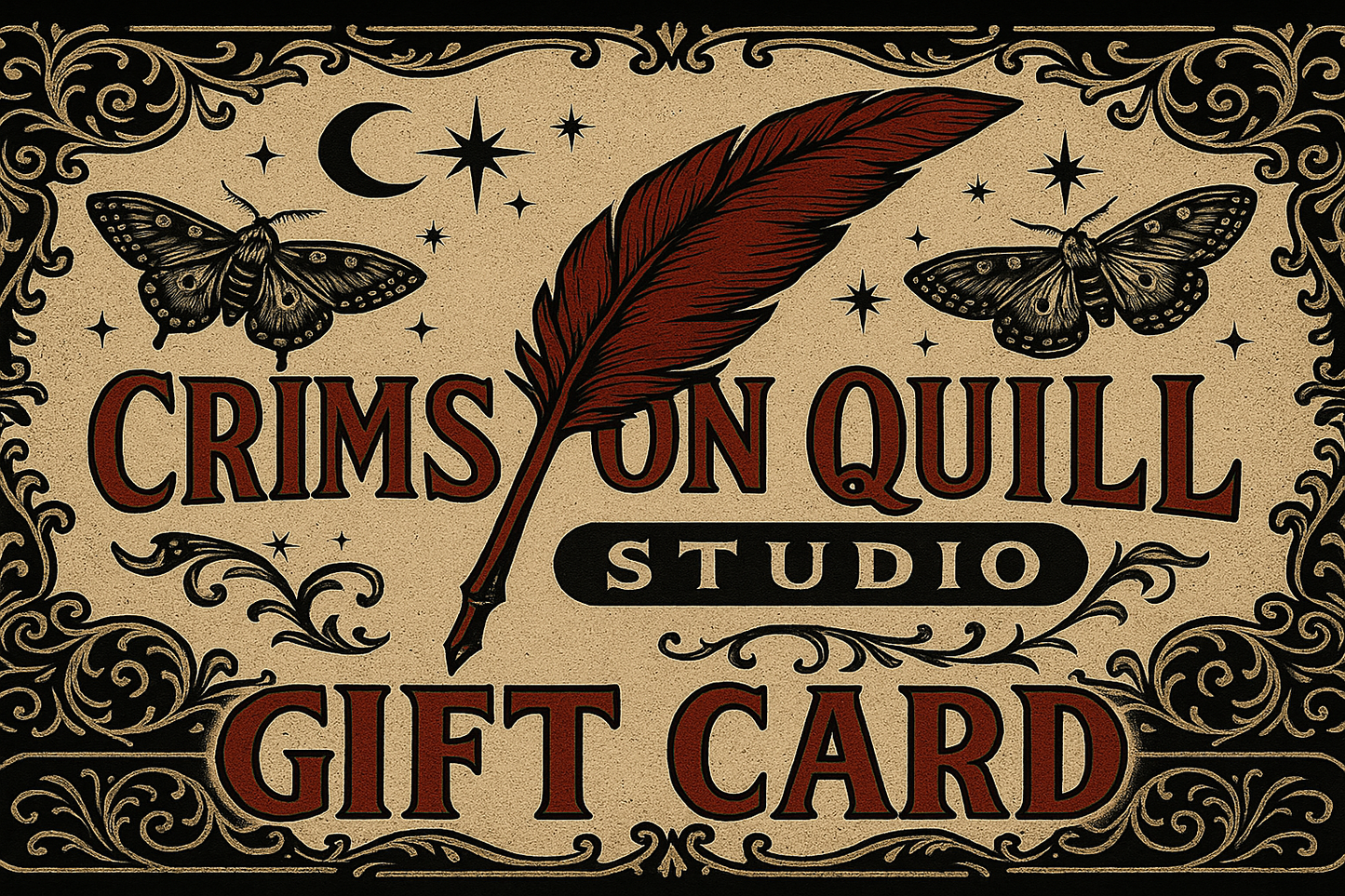 Gift card from Crimson Quill Studio with feather and moth design on a beige background