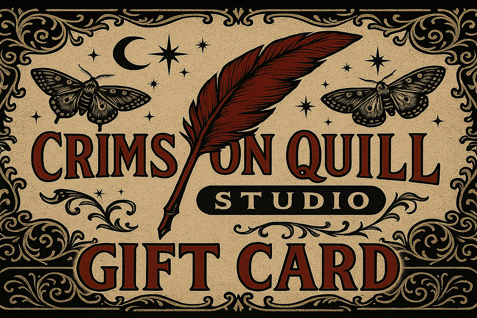 Gift card from Crimson Quill Studio with feather and moth design on a beige background