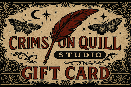 Gift card from Crimson Quill Studio with feather and moth design on a beige background