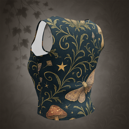 Tank top with gold floral and nature-themed design on a dark background